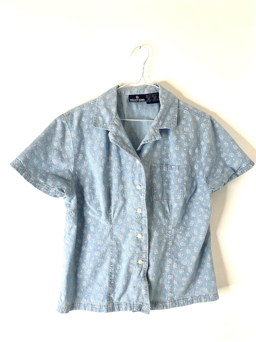 Vintage Floral Denim Button Down Shirt Cottagecore Short Sleeve